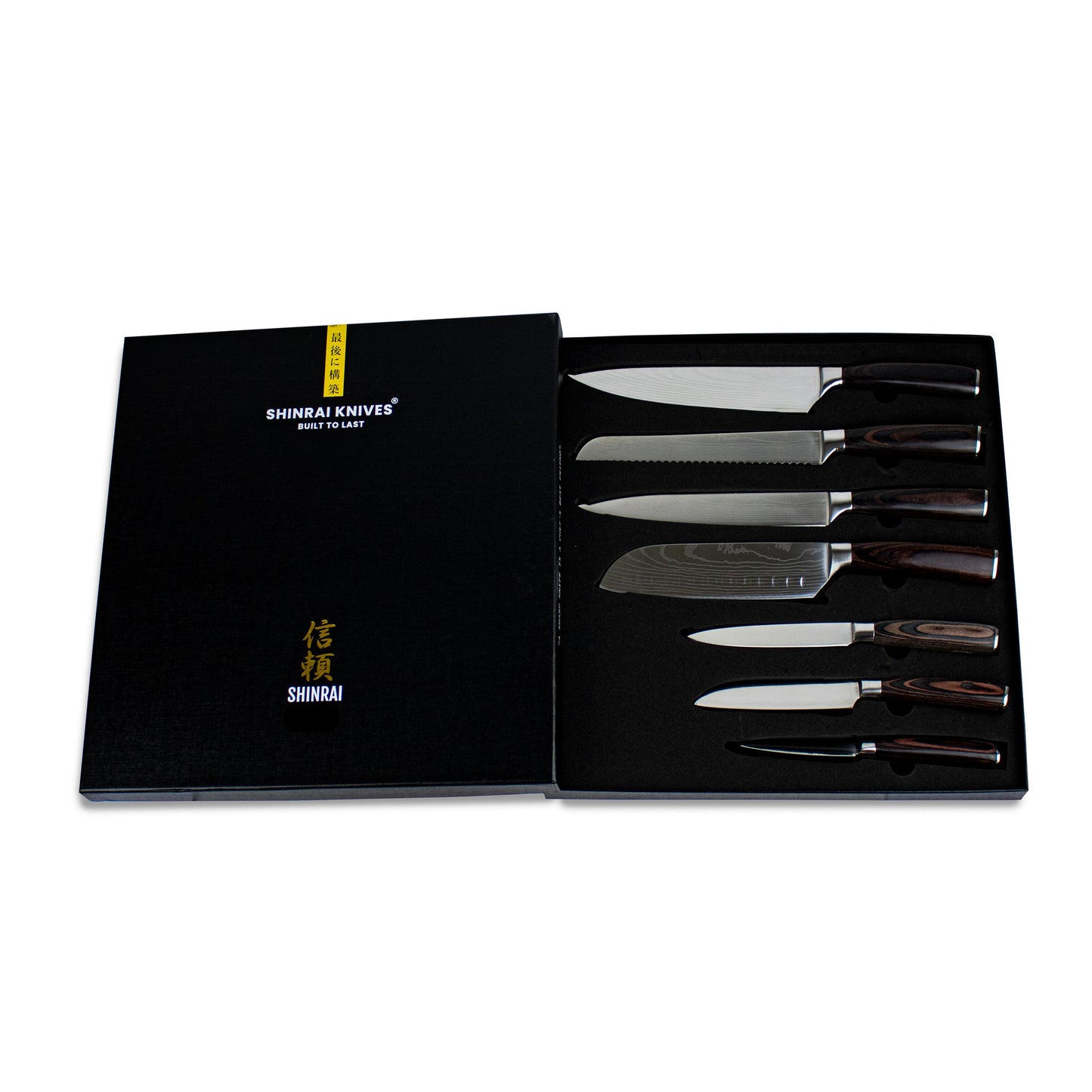 Shinrai Knives - Damascus Print 7-delige Messenset + Messenblok Stans