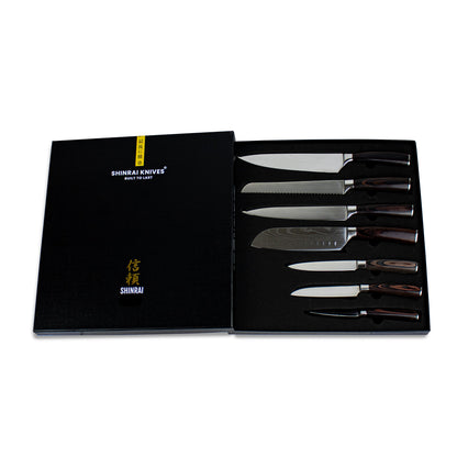 Shinrai Knives - Damascus Print 7-delige Messenset + Messenblok Stans