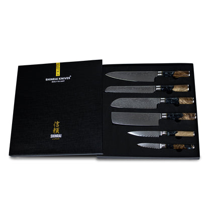 Shinrai Japan - Epoxy Onyx 6-delige Damascus Messenset + Magnetisch Messenblok Dubbelzijdig - Zwart Messenset met blok Shinrai Japan 