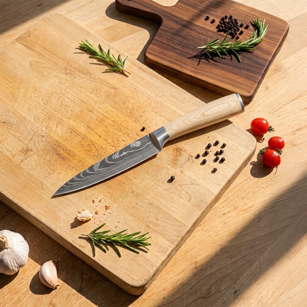 Shinrai Knives - Akari Damascus Print 6-delige Messenset + Magnetisch Messenblok Dubbelzijdig - Zwart Messenset met blok Shinrai Knives 