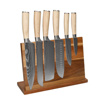 Couteaux Shinrai - Coffret de 6 couteaux Akari à motif damassé + bloc magnétique - Couteaux Shinrai à lame simple face