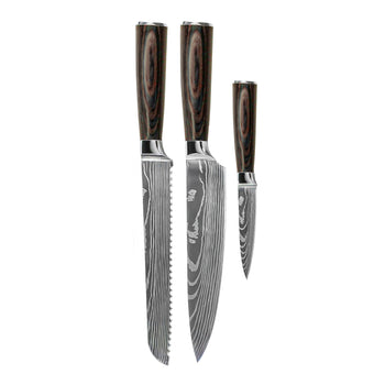 Couteaux Shinrai - Coffret de 3 couteaux à motif damassé - Couteau de chef + Couteau à pain + Couteau d'office