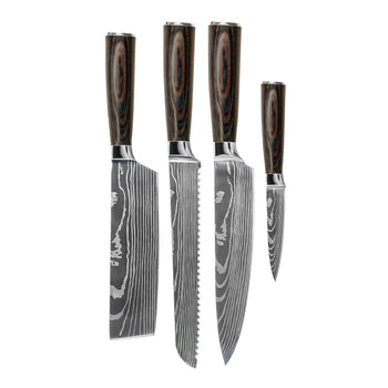 Couteaux Shinrai - Coffret de 4 couteaux à motif damassé - Couteau de chef + Couteau à pain + Nakiri + Couteau d'office