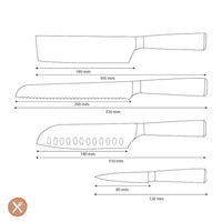 Couteaux Shinrai - Coffret de 4 couteaux à motif damassé - Santoku + Couteau à pain + Nakiri + Couteau d'office