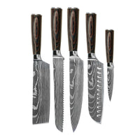 Couteaux Shinrai - Ensemble de couteaux 5 pièces imprimé Damas - Couteau de chef + Couteau à pain + Nakiri + Santoku + Couteau d'office Ensemble de couteaux Shinrai Knives