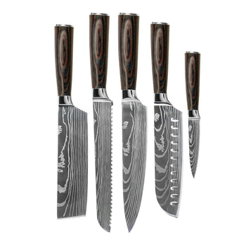 Couteaux Shinrai - Ensemble de couteaux 5 pièces imprimé Damas - Couteau de chef + Couteau à pain + Nakiri + Santoku + Couteau d'office Ensemble de couteaux Shinrai Knives