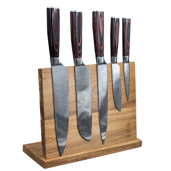 Couteaux Shinrai - Coffret de 5 couteaux à motif damassé + bloc magnétique - Coffret de couteaux double face avec bloc - Couteaux Shinrai