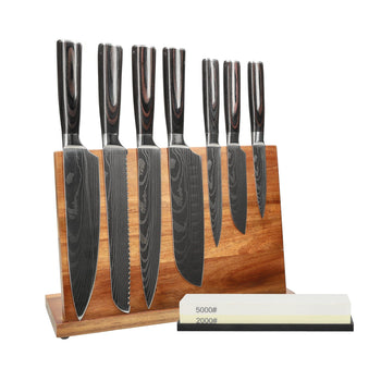 Couteaux Shinrai - Coffret de 7 couteaux à motif damassé + bloc à couteaux + pierre à aiguiser