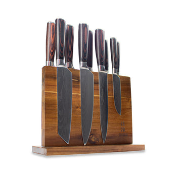 Couteaux Shinrai - Coffret de 9 couteaux à motif damassé + bloc magnétique - Coffret de couteaux double face avec bloc - Couteaux Shinrai