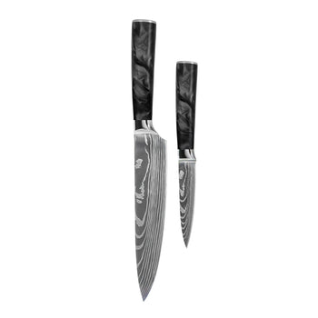 Shinrai Knives - Damascus Print Epoxy Onyx 2-delige Messenset - Koksmes + Schilmes Messenset Shinrai Knives 