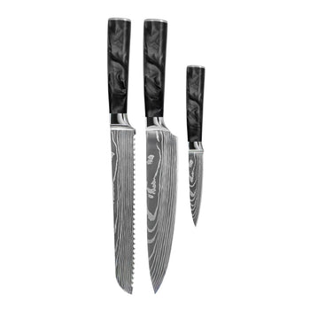 Couteaux Shinrai - Coffret de 3 couteaux en époxy onyx à motif damassé - Couteau de chef + Couteau à pain + Couteau d'office