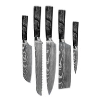 Couteaux Shinrai - Coffret de 5 couteaux en époxy onyx à motif damassé - Couteau de chef + Couteau à pain + Nakiri + Petit Santoku + Couteau d'office