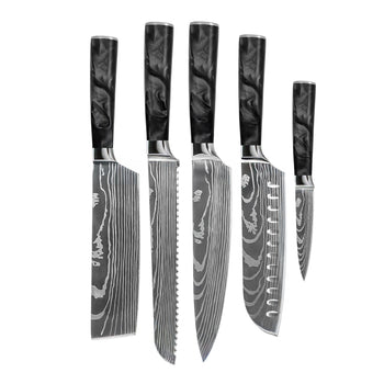Couteaux Shinrai - Coffret de 5 couteaux en époxy onyx à motif damassé - Couteau de chef + Couteau à pain + Nakiri + Santoku + Couteau d'office