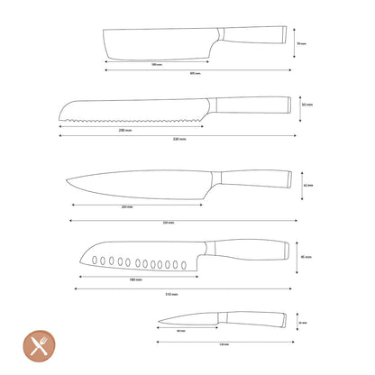 Shinrai Knives - Damascus Print Epoxy Onyx 5-delige Messenset - Koksmes + Broodmes + Nakiri + Santoku + Schilmes Messenset Shinrai Knives 