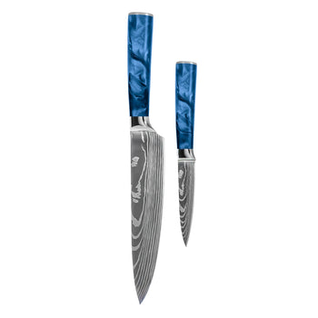 Couteaux Shinrai - Coffret de 2 couteaux en résine époxy saphir à motif damassé - Couteau de chef + couteau d'office