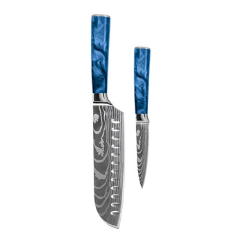 Couteaux Shinrai - Coffret de 2 couteaux en résine époxy saphir à motif damassé - Santoku + couteau d'office
