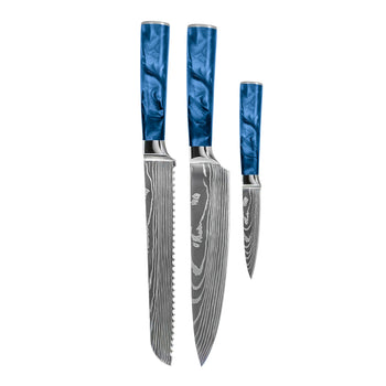 Couteaux Shinrai - Coffret de 3 couteaux en résine époxy saphir à motif damassé - Couteau de chef + Couteau à pain + Couteau d'office