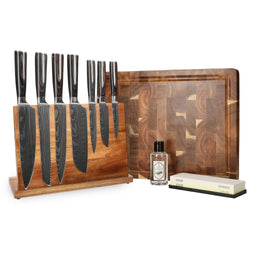 Shinrai Knives - Damascus Print Mega Bundel - All you need Messenset met blok, snijplank en slijpsteen Shinrai Knives 
