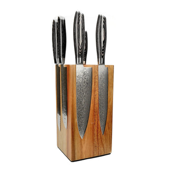 Couteaux Shinrai - Coffret de 6 couteaux en bois de Damas Pakka + bloc à couteaux - Coffret de couteaux rotatifs avec bloc - Couteaux Shinrai