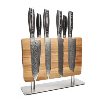 Couteaux Shinrai - Coffret de 6 couteaux en bois Damas Pakka + bloc à couteaux - Couteaux Shinrai découpés à l'emporte-pièce