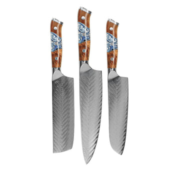 Couteaux Shinrai - Coffret de 3 couteaux damas Eclipse - Couteau de chef + Nakiri + Santoku