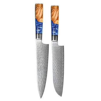 Couteaux Shinrai - Coffret de 2 couteaux damassés en époxy saphir - Couteau de chef + couteau Santoku