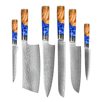Couteaux Shinrai - Coffret de 6 couteaux damassés en époxy saphir