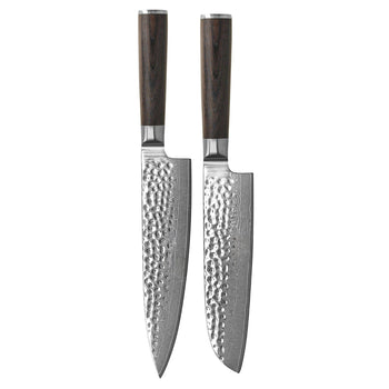 Couteaux Shinrai - Coffret de 2 couteaux en acier damassé martelé BR - Couteau de chef + couteau Santoku