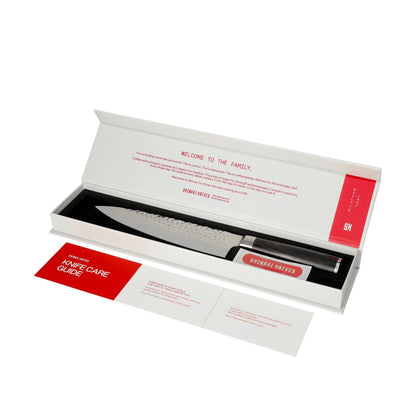 Shinrai Knives - Ensemble de 2 couteaux en damas martelé BR - Couteau de chef + Couteau Santoku
