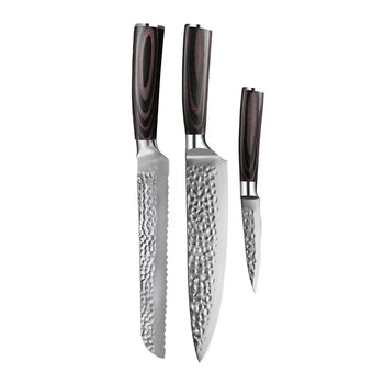 Couteaux Shinrai - Coffret de 3 couteaux en acier inoxydable martelé - Couteau de chef + Couteau à pain + Couteau d'office