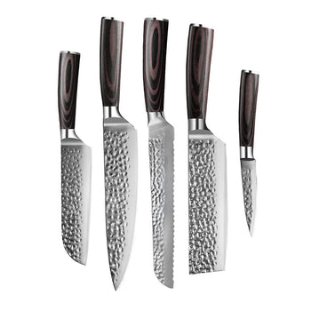 Couteaux Shinrai - Coffret de 5 couteaux en acier inoxydable martelé - Couteau de chef + Couteau à pain + Nakiri + Petit Santoku + Couteau d'office