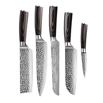 Couteaux Shinrai - Coffret de 5 couteaux en acier inoxydable martelé - Couteau de chef + Couteau à pain + Nakiri + Santoku + Couteau d'office