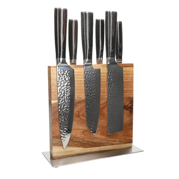 Couteaux Shinrai - Coffret de 6 couteaux en acier inoxydable martelé + Bloc de couteaux double face Cito avec bloc
