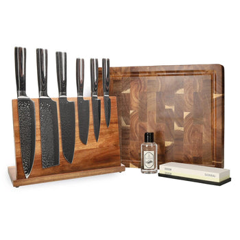 Couteaux Shinrai - Coffret complet en acier inoxydable martelé - Ensemble de couteaux complet avec bloc, planche à découper et pierre à aiguiser 