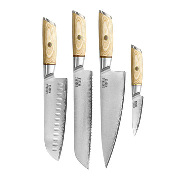 Shinrai Knives - Hikari Damascus 4-delige set - Koksmes + Santoku + Broodmes + Schilmes Messenset Shinrai Knives 