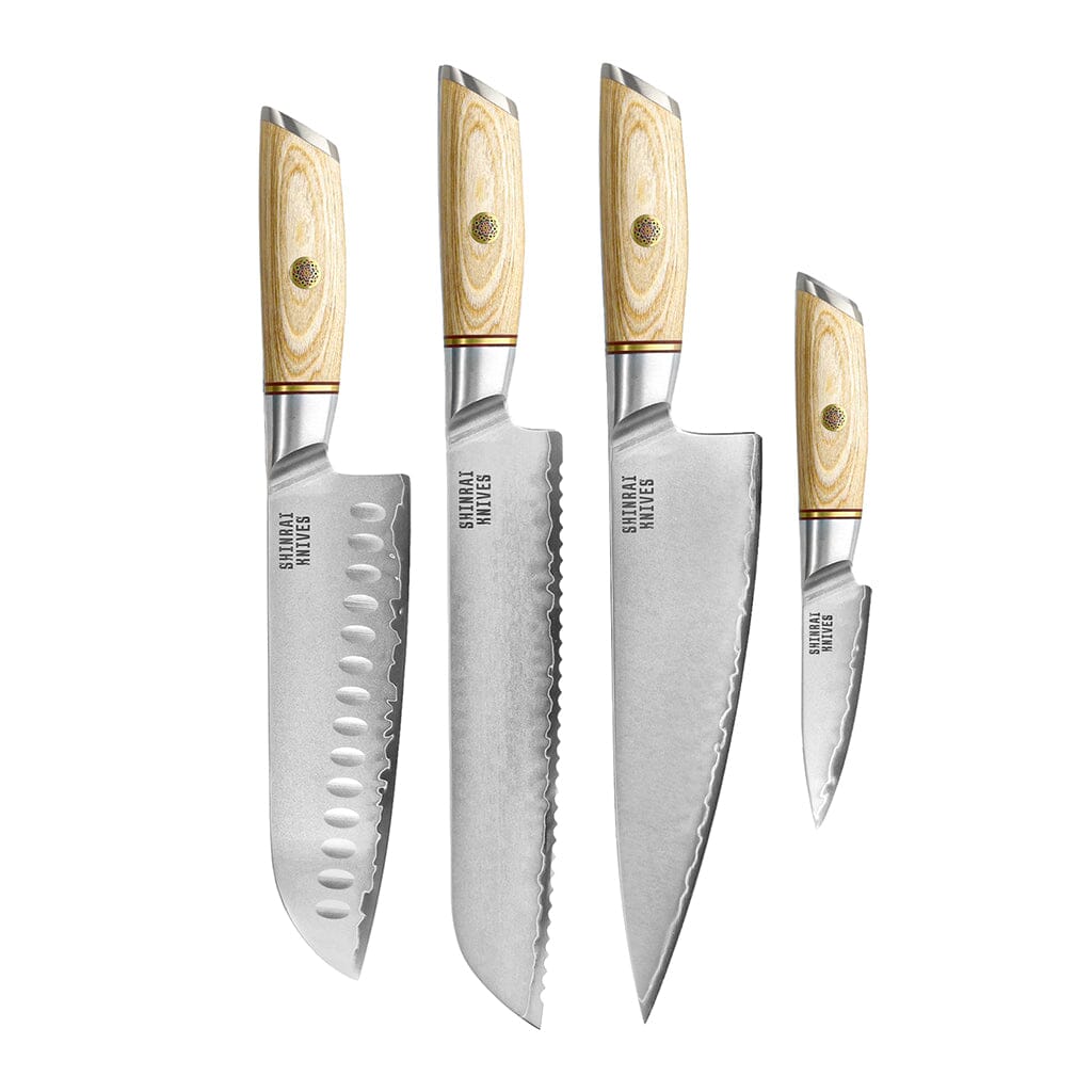 Shinrai Knives - Hikari Damascus 4-delige set - Koksmes + Santoku + Broodmes + Schilmes Messenset Shinrai Knives 