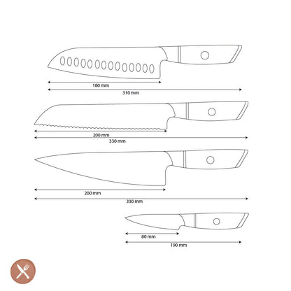 Shinrai Knives - Hikari Damascus 4-delige set - Koksmes + Santoku + Broodmes + Schilmes Messenset Shinrai Knives 