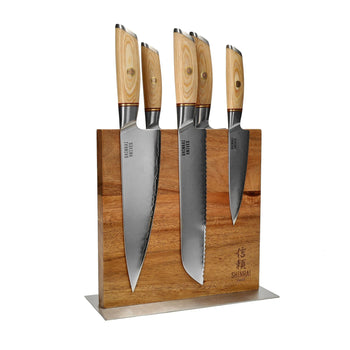 Couteaux Shinrai - Coffret de 5 couteaux Hikari Damascus + Bloc à couteaux double face Cito