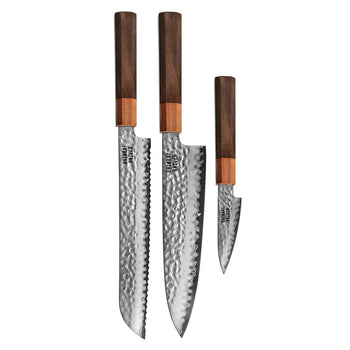 Couteaux Shinrai - Coffret exclusif Kigami en acier damassé 3 pièces - Couteau de chef + Couteau à pain + Couteau d'office