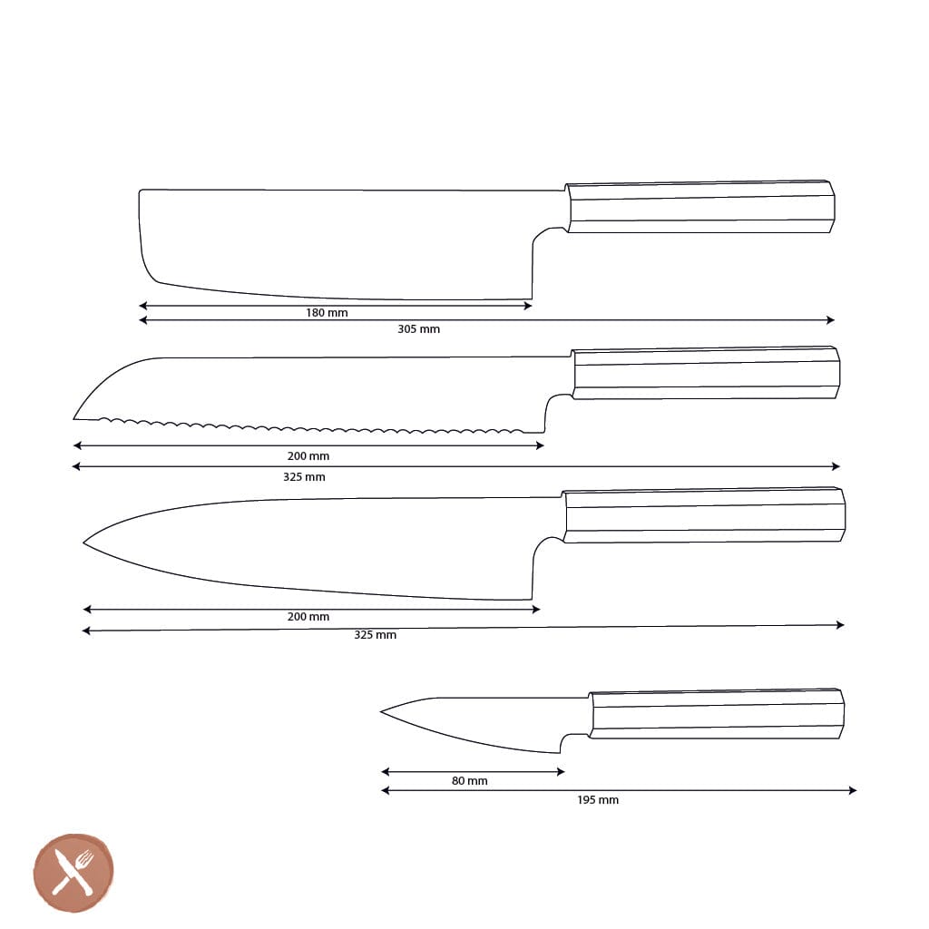 Shinrai Knives - Kigami Exclusive Damascus 4-delige set - Koksmes + Broodmes + Nakiri + Schilmes Messenset Shinrai Knives 