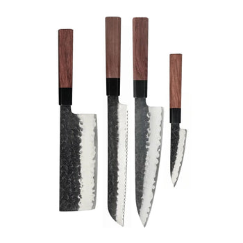 Couteaux Shinrai - Ensemble de couteaux Damas Kurayami 4 pièces - Couteau de chef + Couteau à pain + Nakiri + Couteau d'office Ensemble de couteaux Shinrai Knives