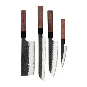 Couteaux Shinrai - Ensemble de couteaux Damas Kurayami 4 pièces - Santoku + Couteau à pain + Nakiri + Couteau d'office Ensemble de couteaux Couteaux Shinrai