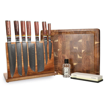 Couteaux Shinrai - Coffret Méga Bijoux Micarta - Ensemble complet de couteaux avec bloc, planche à découper et pierre à aiguiser 