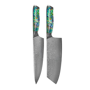 Couteaux Shinrai - Coffret de 2 couteaux damas « Bijoux en nacre » - Couteau de chef + couteau Nakiri