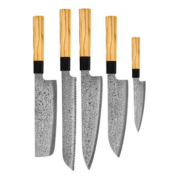 Couteaux Shinrai - Ensemble de couteaux Damas 5 pièces Takumi Kaza - Couteau de chef + Couteau à pain + Nakiri + Santoku + Couteau d'office Ensemble de couteaux Shinrai Knives