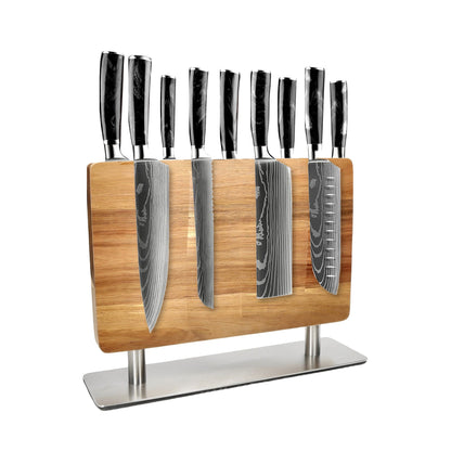 Shinrai Knives - Damascus print Onyx 9-delige Messenset + Messenblok Stans